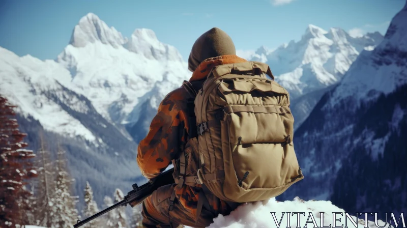 Snowy Mountain Landscape with a Man in Ghillie Suit AI Image
