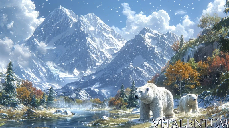 Snowy Mountain Range with Polar Bears - Nature Landscape AI Image