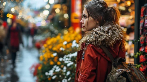 Snowy Street Scene: Young Woman in Red Jacket