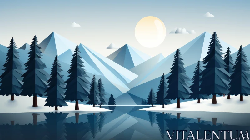 Snowy Winter Landscape with Mountains and Frozen Lake AI Image