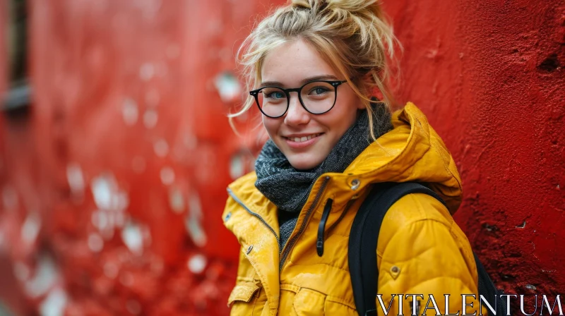 Stylish Woman with Yellow Jacket and Glasses Smiling at Camera AI Image