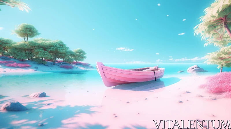 AI ART Tranquil Pink Boat on Beach - Captivating Ocean Scene