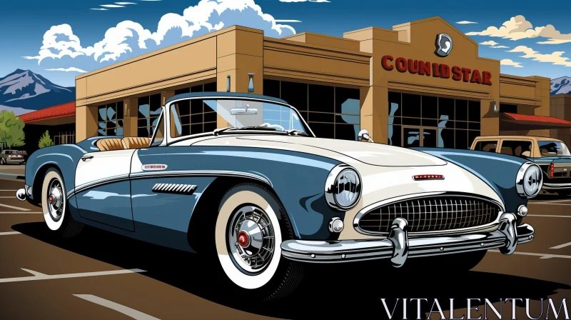 Vintage Car at Supermarket with Mountain View AI Image