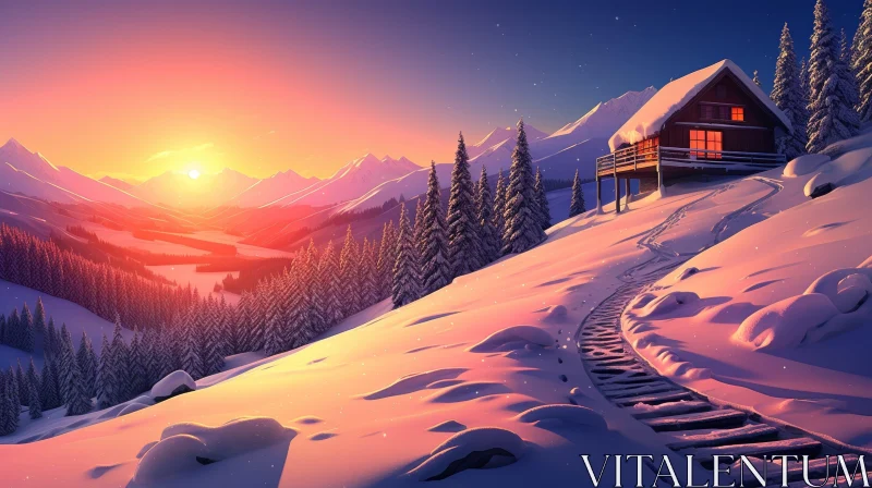 AI ART Winter Landscape with Sunset over Snow-Capped Mountains