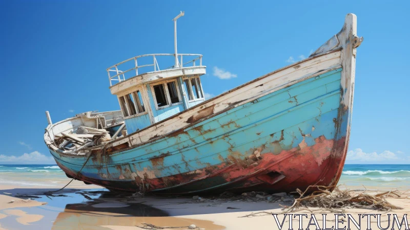 AI ART Abandoned Wooden Fishing Boat on Sandy Beach