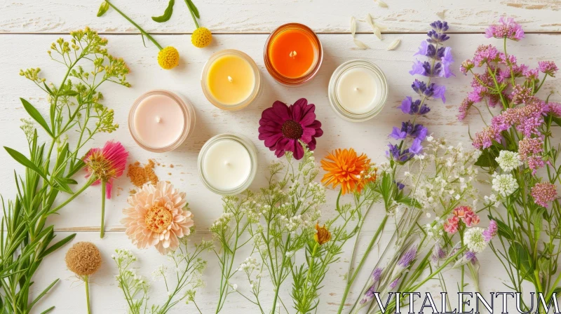 Colorful Flowers and Candles on Rustic Wooden Background