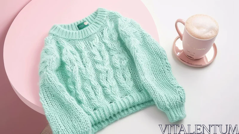 Cozy Elegance: Pale Green Cable-Knit Sweater and Pink Cup of Coffee AI Image