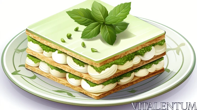 Delicious Three-Layered Green Cake on Green Plate AI Image
