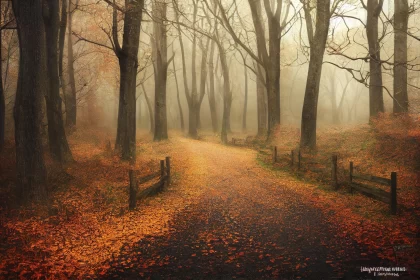 Enchanting Road Through a Fog-Filled Forest