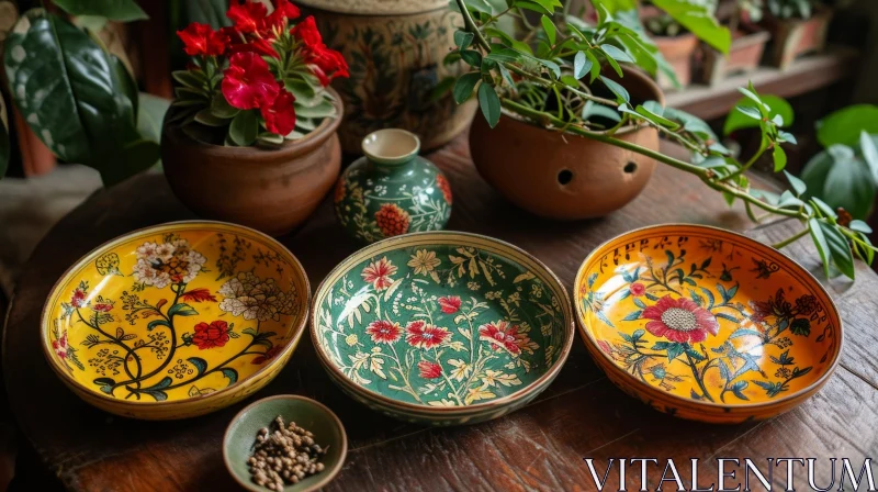 Exquisite Ceramic Bowls with Floral Patterns on a Wooden Table AI Image