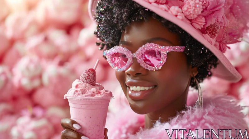 Joyful Young Woman with Pink Hat and Milkshake AI Image