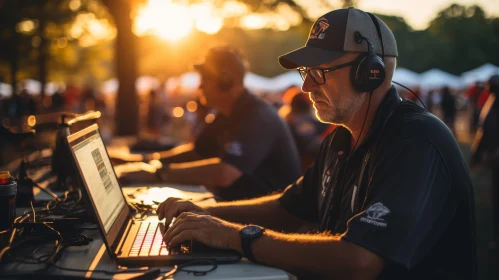 Man with Laptop Working at Sunset Scene