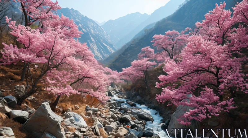 Mountain Valley Cherry Blossom Landscape AI Image