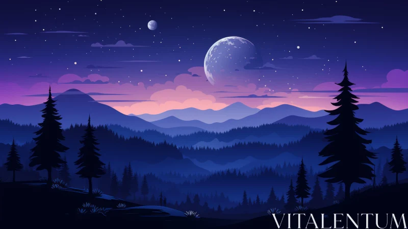 Night Mountain Landscape with Bright Moon AI Image