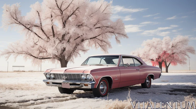 Pink 1966 Chevrolet Impala on Snowy Field AI Image