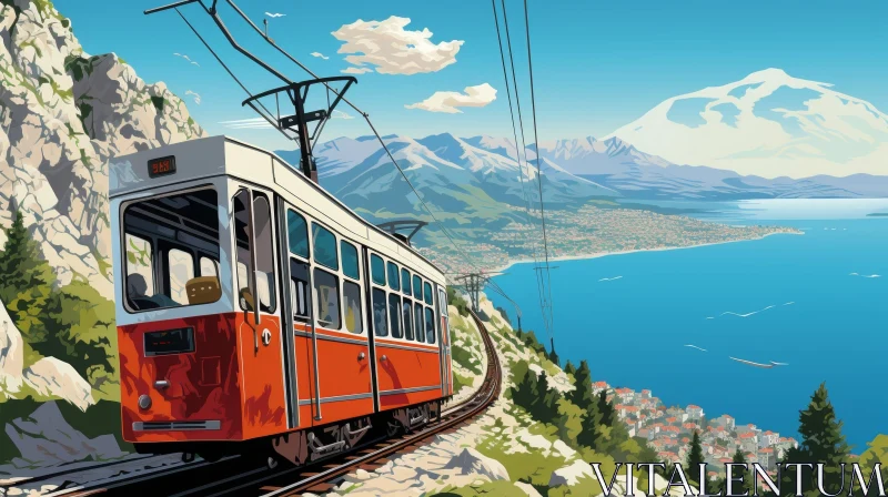 Red and White Tram Climbing Steep Hill AI Image