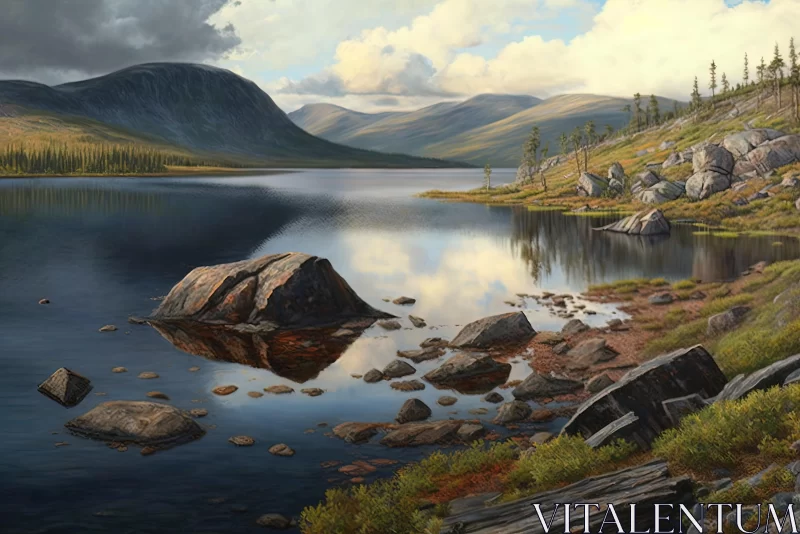 Serene Lake Painting: Realistic Hyper-Detailed Nature Art