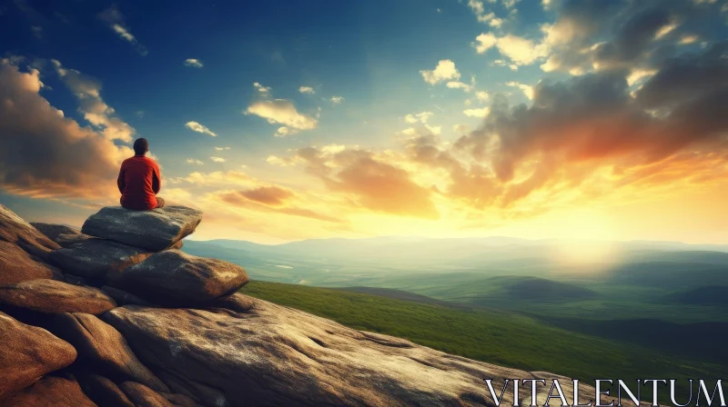 Solitary Man Watching Sunset Behind Mountains AI Image