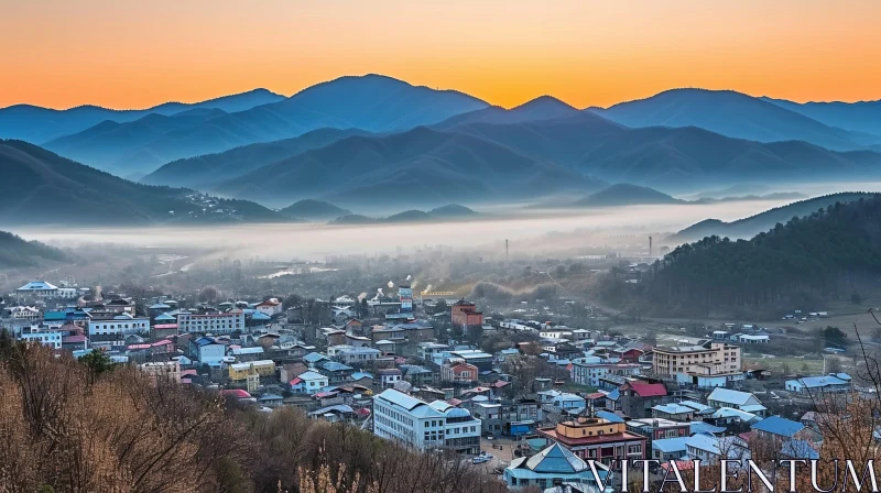 Tranquil Mountain Town at Sunrise AI Image