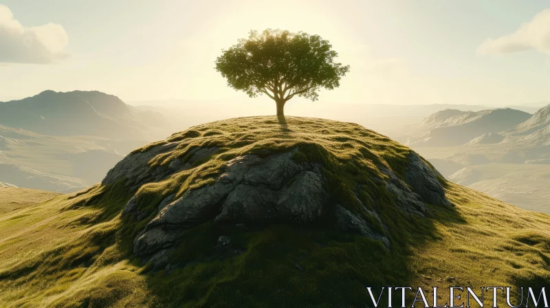 Tranquil Nature Landscape - Green Hill and Majestic Mountains