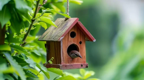 Tranquil Nature Scene: Bird in Wooden Birdhouse on Tree Branch