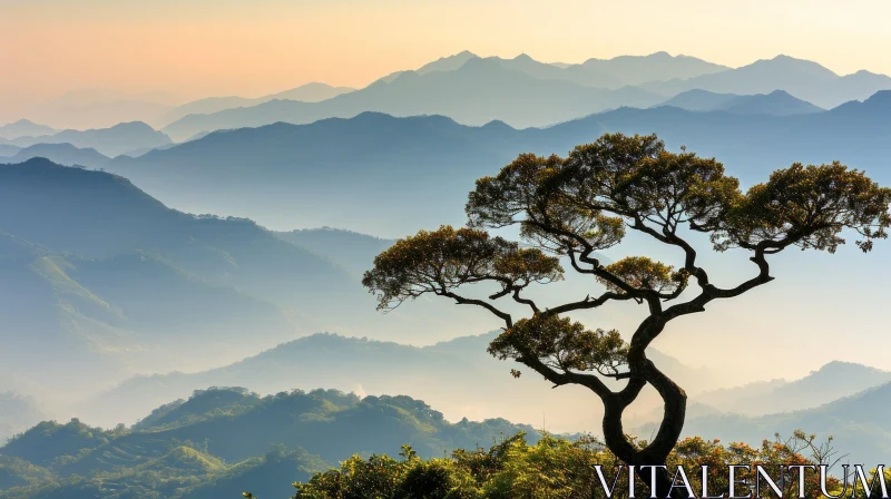 Tranquil Tree and Mountain Landscape AI Image
