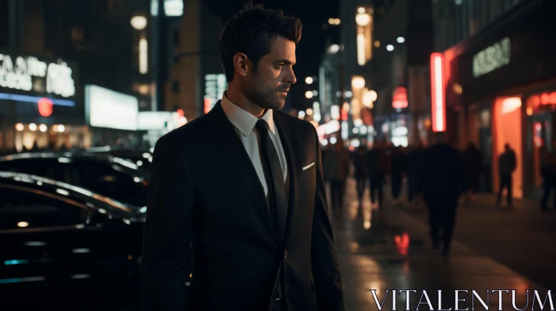 Urban Night Scene with Man in Black Suit Walking AI Image