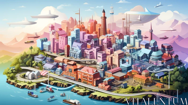 Vibrant City Illustration on Islands with Bridges and Boats