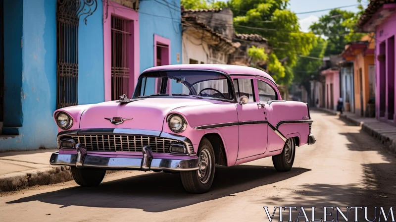 Vintage Pink Chevrolet Bel Air Car on Cobblestone Street AI Image