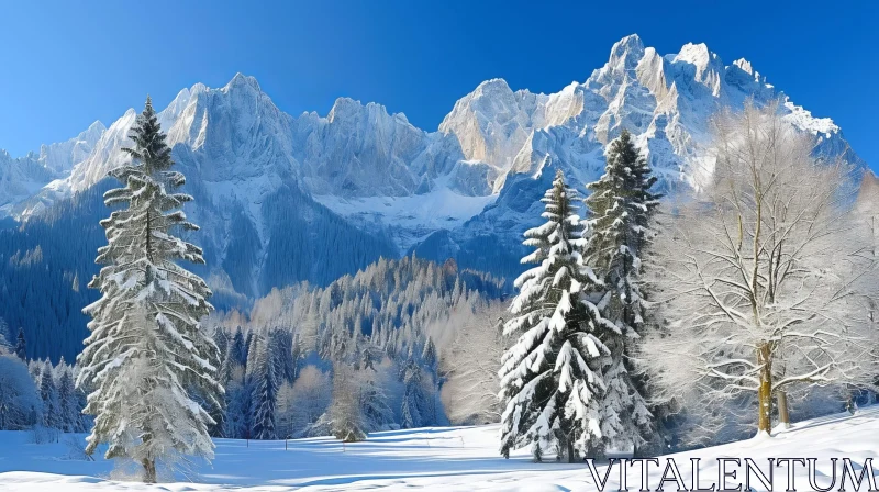 AI ART Winter Landscape - Majestic Snow-Capped Mountains and Pristine Snow-Covered Trees