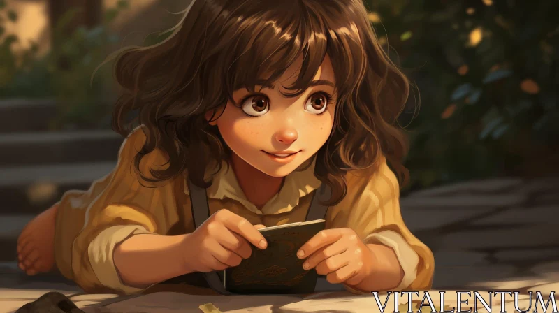 Young Girl Reading in Forest - Digital Painting AI Image