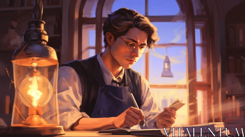 Young Man Painting at Desk AI Image