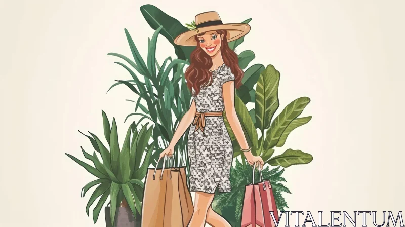 Young Woman Walking in Lush Tropical Garden - Digital Illustration AI Image
