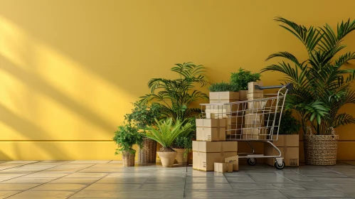 3D Rendering of Shopping Cart Filled with Cardboard Boxes and Plants