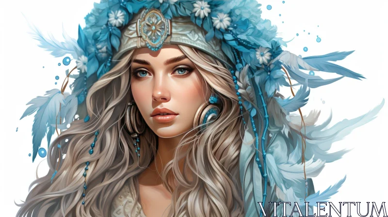 Beautiful Woman Portrait with Blue Feathered Headdress AI Image