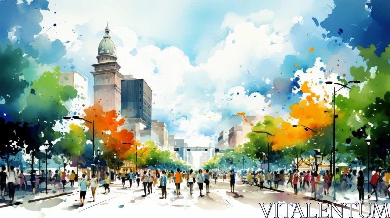 AI ART Cityscape Watercolor Painting - Urban Street Scene Artwork
