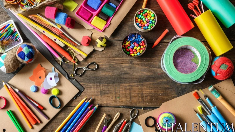 Colorful Art and Craft Supplies - Haphazardly Arranged on Dark Wood Table AI Image