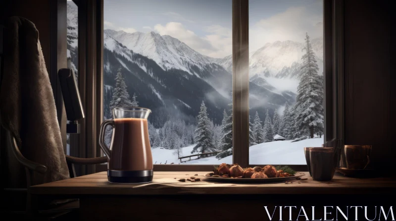 Cozy Christmas Scene with Hot Chocolate and Snowy Mountain View AI Image