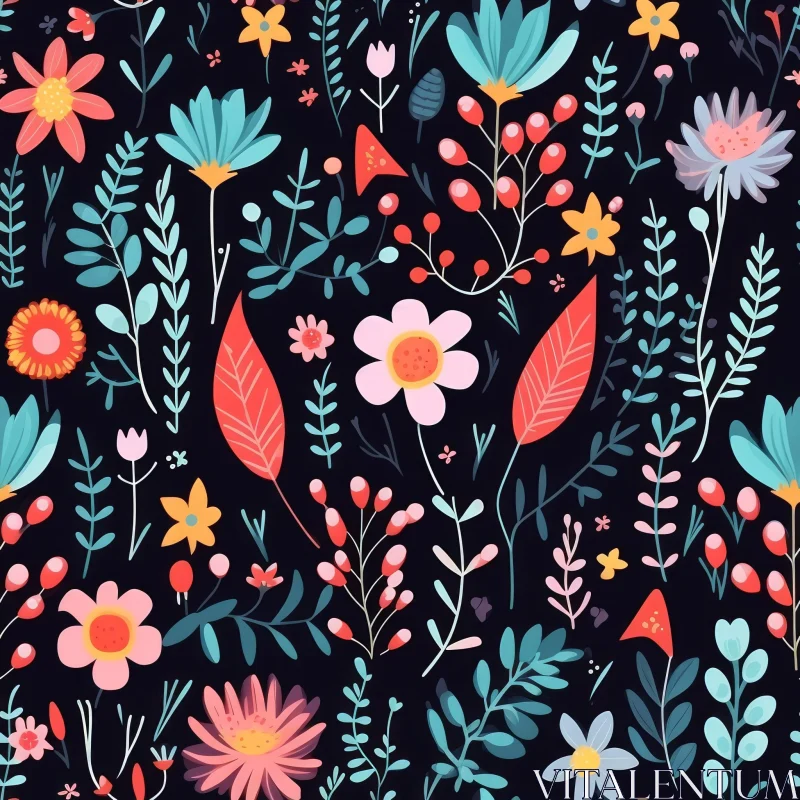 Dark Floral Seamless Pattern with Colorful Flowers and Berries AI Image