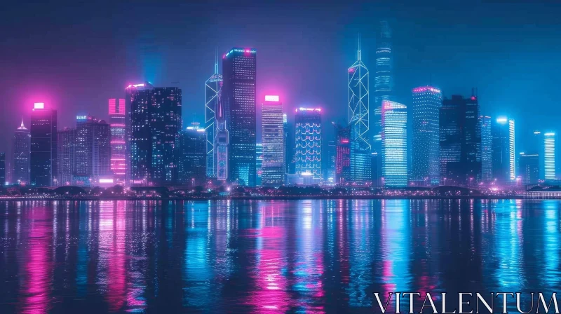 Enchanting Night View of a Futuristic City with Neon Skyscrapers AI Image