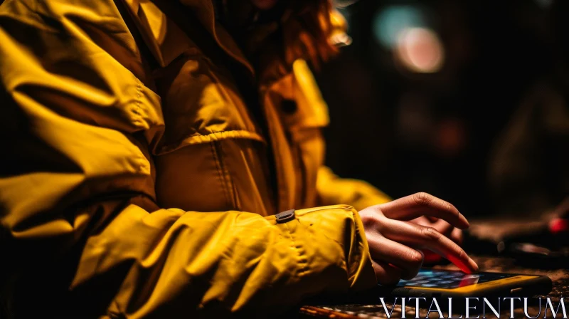 Engrossed Woman in Yellow Jacket Using Smartphone | Captivating Technology Photo AI Image