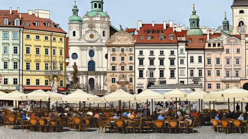 European City Square with Historic Buildings and Outdoor Dining