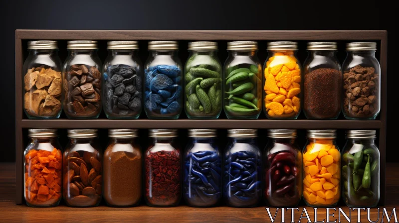 Glass Jars Filled with Various Food Items on Wooden Shelf AI Image