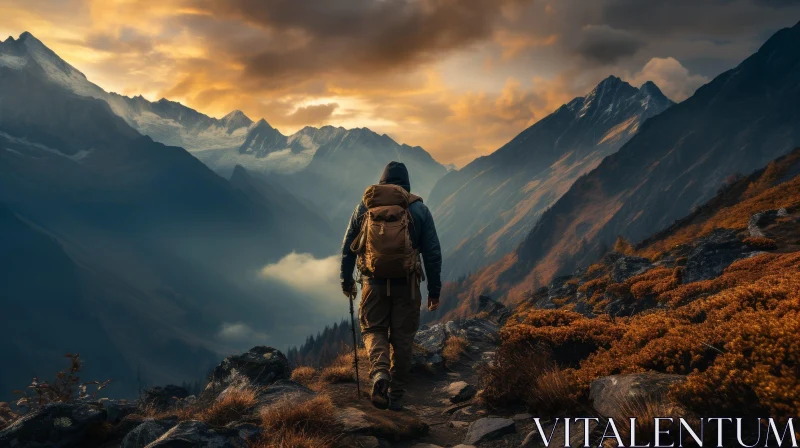 Hiking in Snowy Mountains at Sunset AI Image