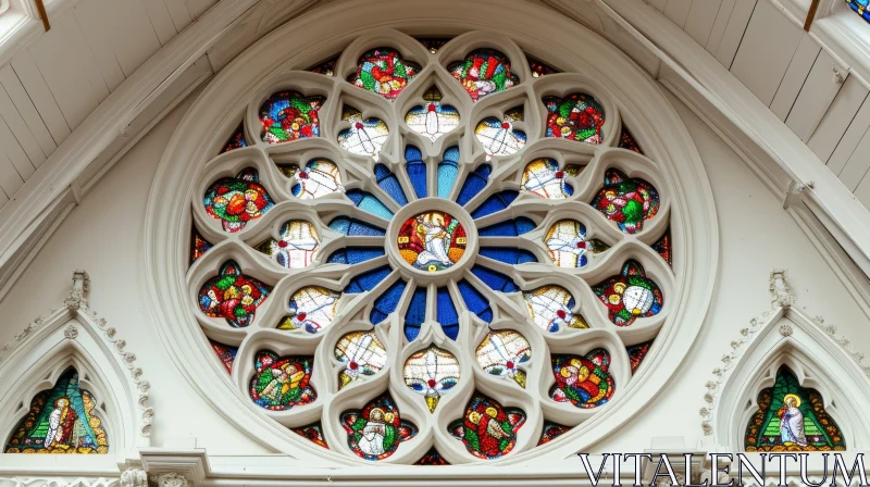 Intricate Stained Glass Window with Religious Depictions AI Image