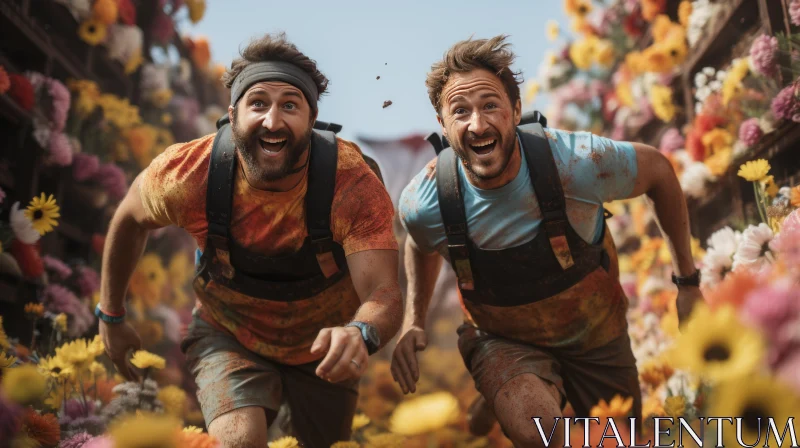 Joyful Adventure: Two Men Running in a Colorful Flower Field AI Image