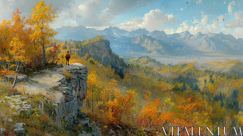 Man on Cliff Overlooking Colorful Autumn Valley AI Image