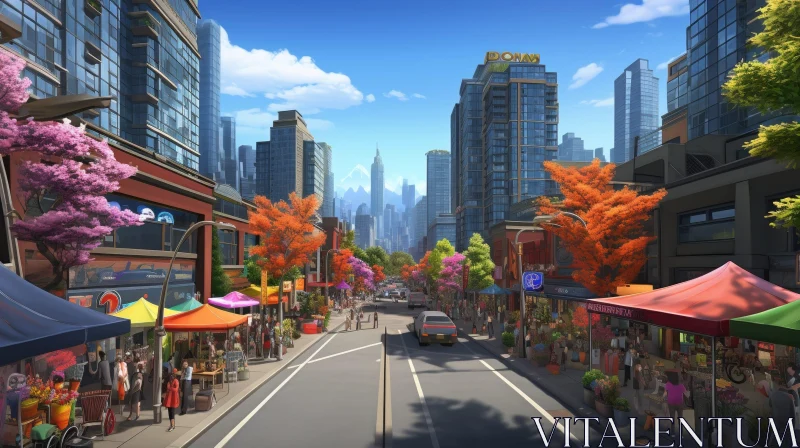 AI ART Modern City Street Scene with Tall Buildings and Blooming Trees