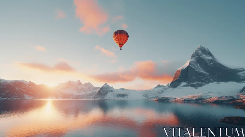Mountain Lake Landscape with Hot Air Balloon AI Image