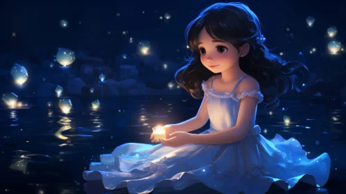 Nighttime Serenity - Girl with Candle and Lanterns